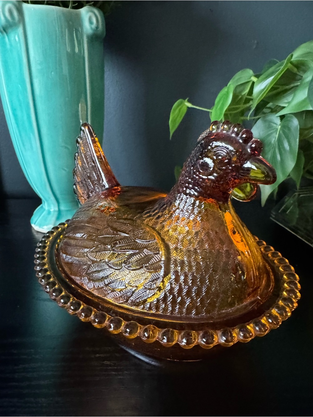 Vintage Indiana Glass Hen on Nest Amber Glass 7” Covered Dish Beaded Rim 1970s